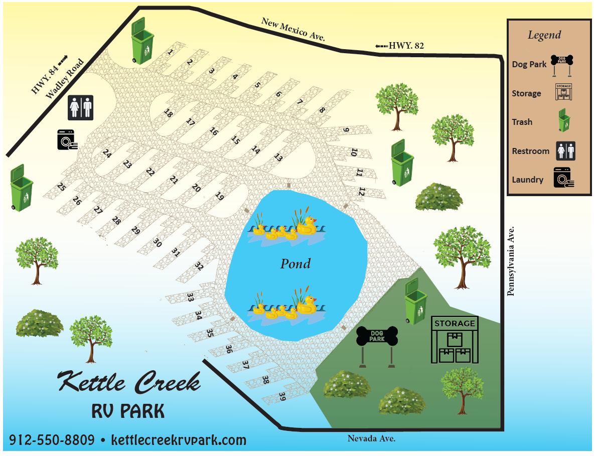 Kettle Creek RV Park Map - Site Layout with 39 spaces, pond, dog park, and amenities
